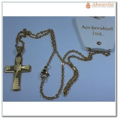 Corrente Dourada Tipo Portuguesa Pingente Cruz em Relevo-25M