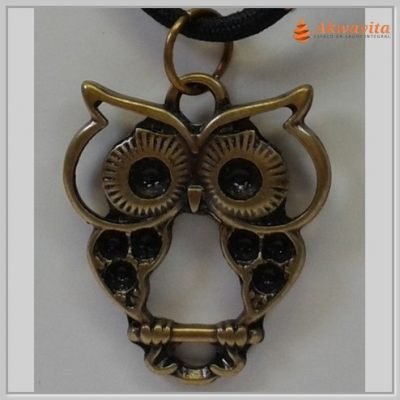 Cordão Preto com Pingente Coruja Vazada Ouro Velho