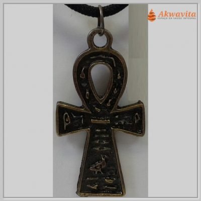 Cordão Preto com Pingente Cruz Ansata em Bronze