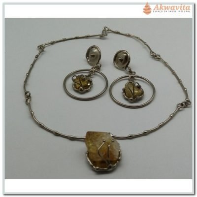 Colar e Brinco Argola Prateado Pedra Citrino Prosperidade
