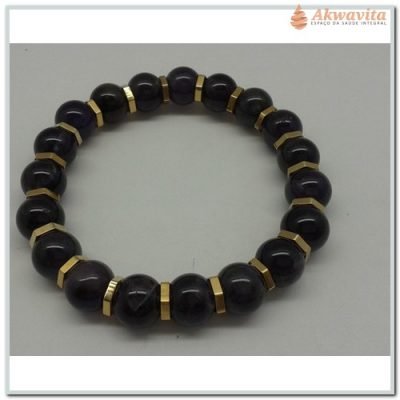 Pulseira Pedra Ametista Metal Dourado Transmutação- N.Tempo