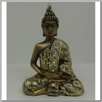 Buda Sidarta Meditando Manto Dourado Cristais Resina 14cm