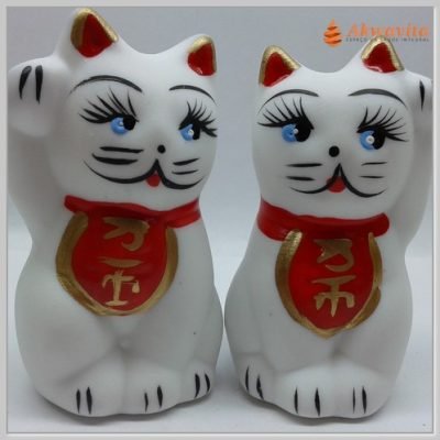 ManekiNeko Gatinho Branco Sorte Cliente Par Cerâmica 9x6cm