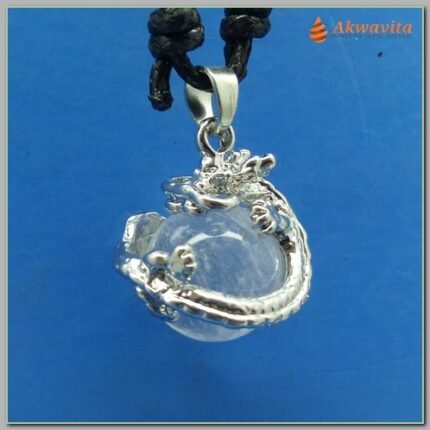 Pingente de Pedra Cristal Bola com Dragão Prateado Cordão