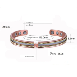 Pulseira e Anel de Cobre Filetes Dourados Magnético Regulável