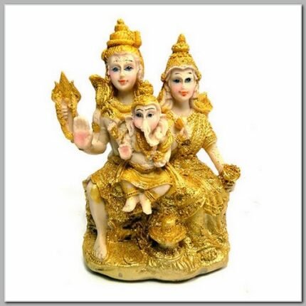 Deuses Família Ganesh Shiva Parvati Resina Dourada 17cm