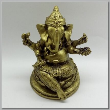 Ganesh Sentado na Flor de Lótus Resina Ouro Velho 10cm