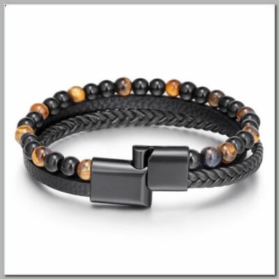 Pulseira de Couro com Pedra Olho de Tigre Poder Masculina