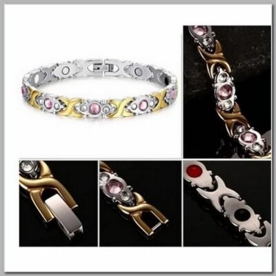 Pulseira Magnética 2 imãs Pedra e Metal Dourado 8mm 19cm F
