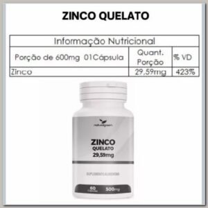 Zinco Quelato 29 mg 60 Cápsulas 500mg Imunológico