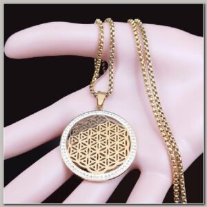 Corrente e Pingente Flor da Vida Dourado com Cristal