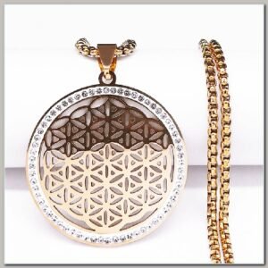 Corrente e Pingente Flor da Vida Dourado com Cristal
