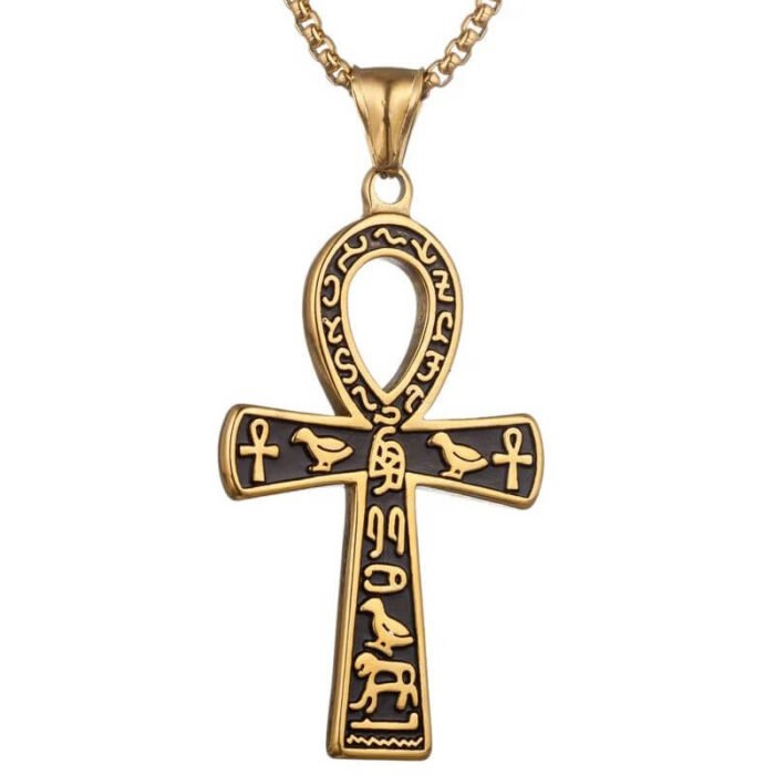 Corrente e Pingente Cruz Ansata Dourado com Preto Símbolos