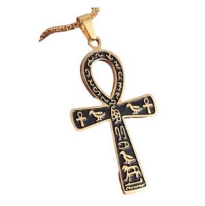 Corrente e Pingente Cruz Ansata Dourado com Preto Símbolos