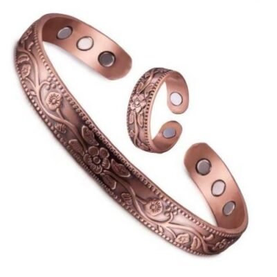 Bracelete e Anel com Flores Magnético Tom de cobre Regulável