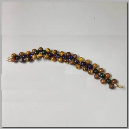 Pulseira Olho de Tigre e Pedras Estreladas 3 Fileiras 6mm 19cm