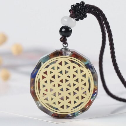 Pingente Orgonite Flor da Vida Pedras Chakras Dourado 35mm