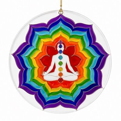 Mandala Pintada em Vidro na Simbologia Chakras 20cm
