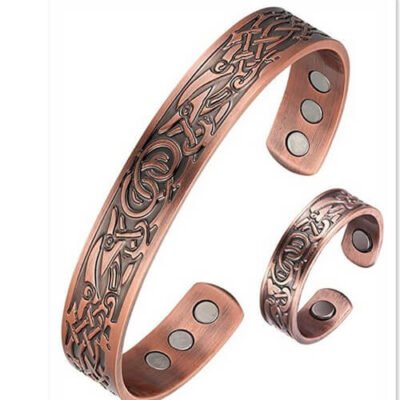 Pulseira e Anel Magnético 3imãs Arabesco Bronze Platinado