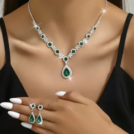 Conjunto de Colar Brinco Strass Lapidado Prateado Gota Verde